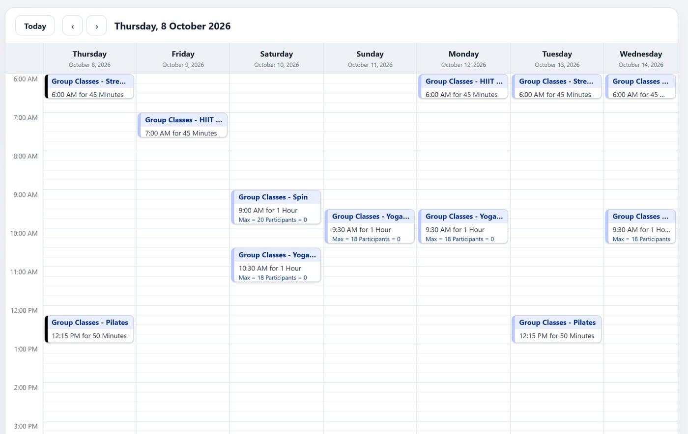 The class calendar for the week